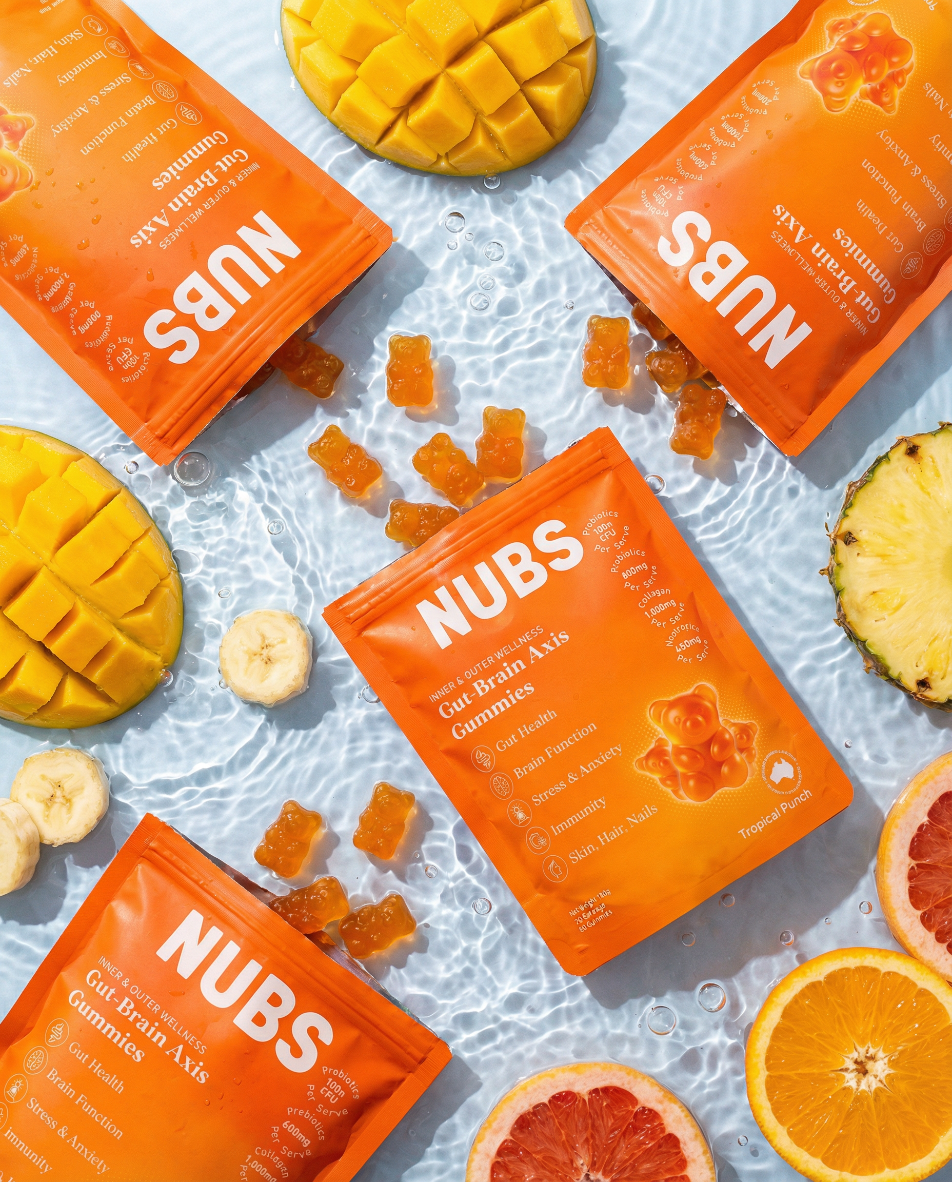 NUBS gummy bear mix packets with fruit on a light background